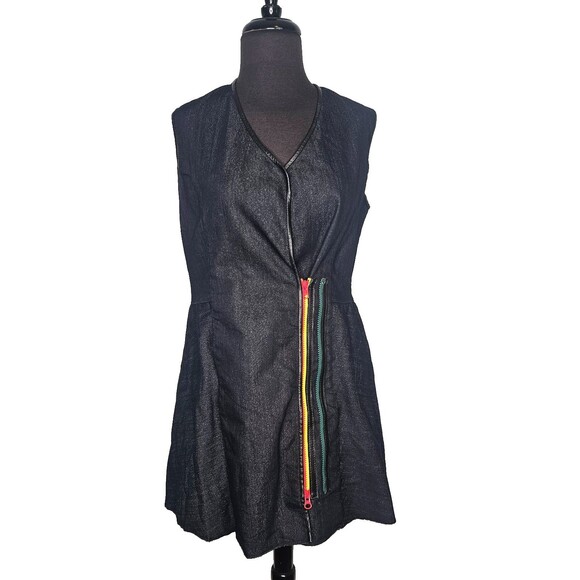 GROWNBEANS Karen Groner Mini Dress Medium Denim Colorful Zippers Sleeveless Art - Picture 1 of 7